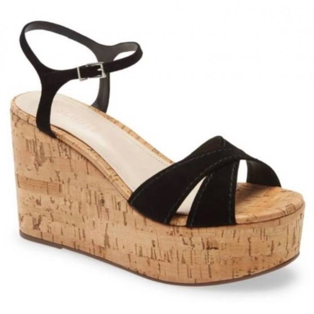 Schutz Bellina Black Suede Cork Wedge Sandals